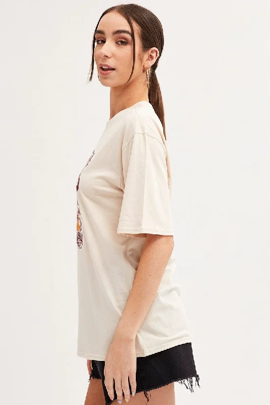 Beige Graphic T-Shirt Short Sleeve Oversized