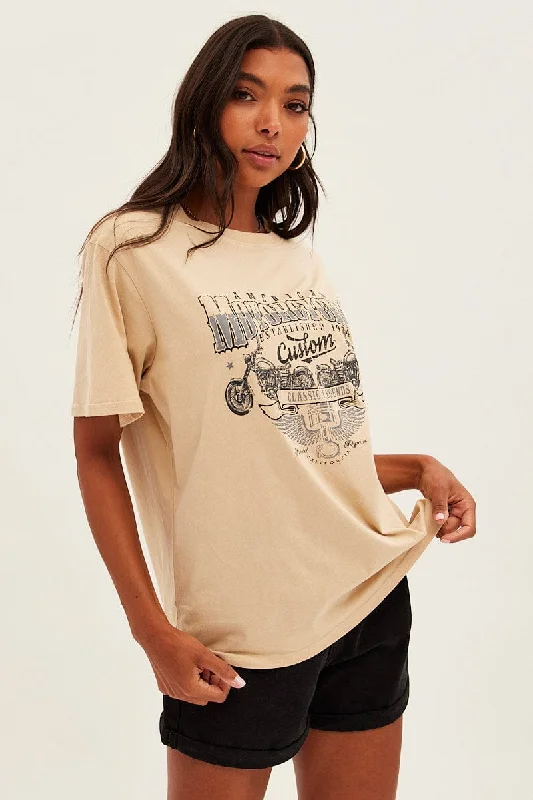 Beige Graphic Tee Short Sleeve Round Neck Cotton