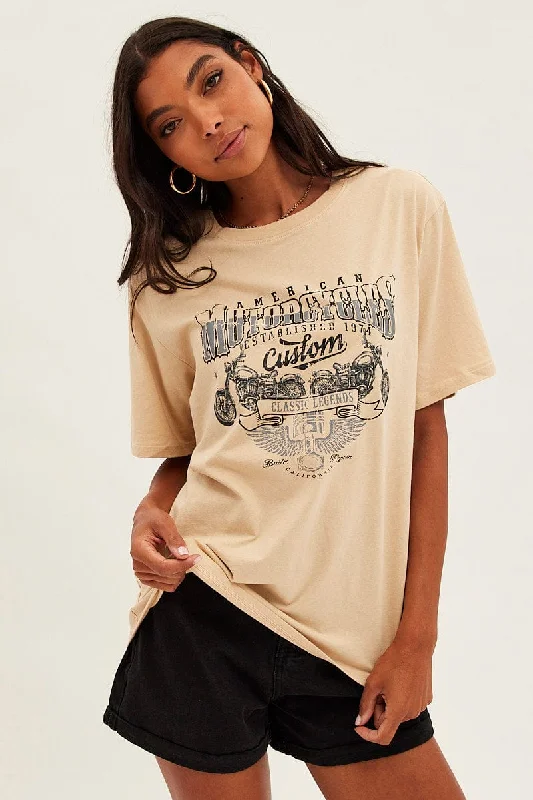 Beige Graphic Tee Short Sleeve Round Neck Cotton