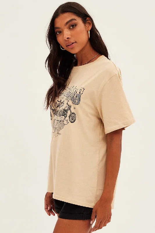 Beige Graphic Tee Short Sleeve Round Neck Cotton