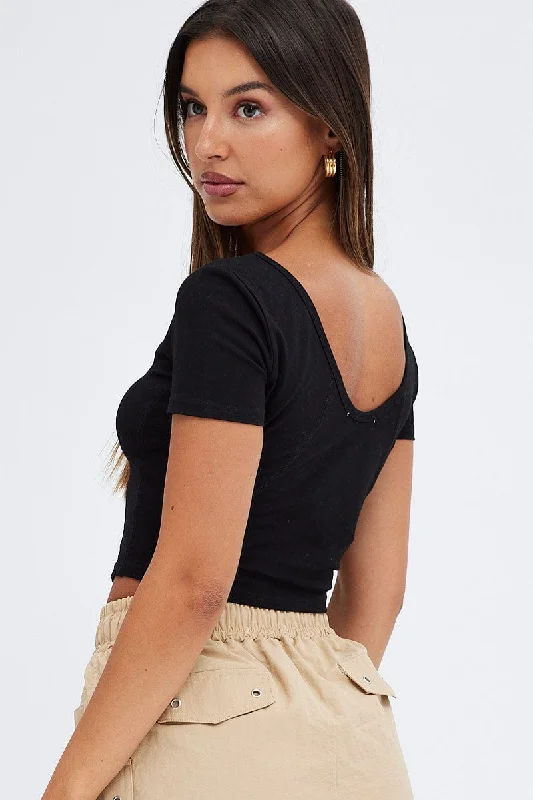 Black Corset Detail T shirt Short sleeve Scoop neck