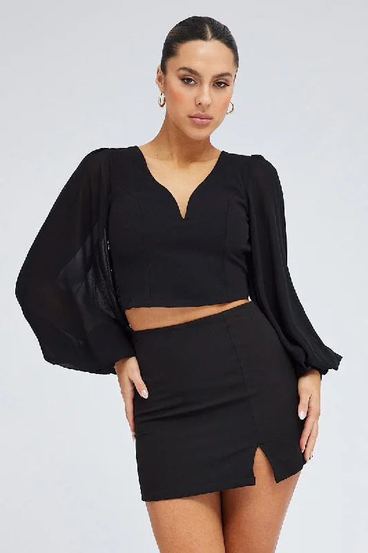 Black Crop Top Long Balloon Sleeve Backless Plunge Top