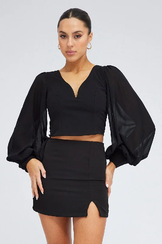 Black Crop Top Long Balloon Sleeve Backless Plunge Top