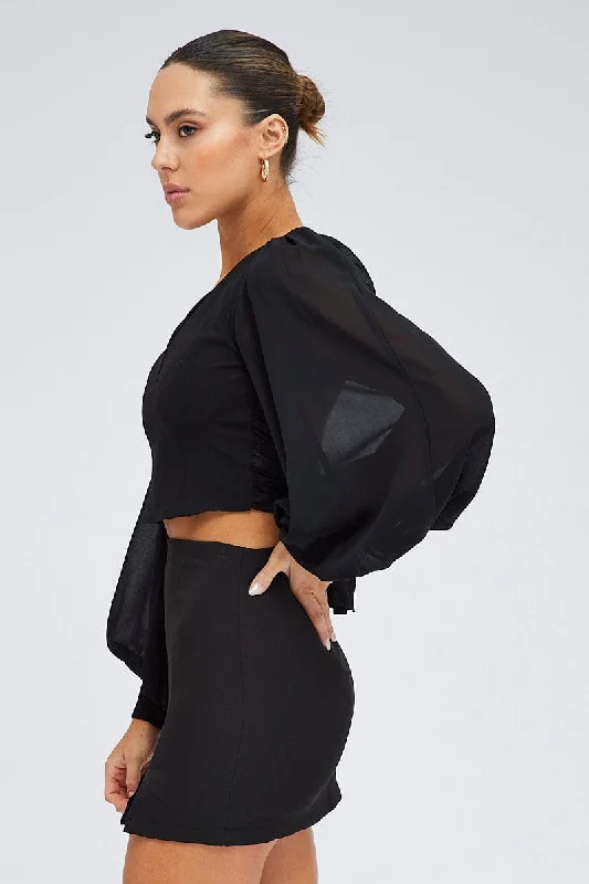 Black Crop Top Long Balloon Sleeve Backless Plunge Top