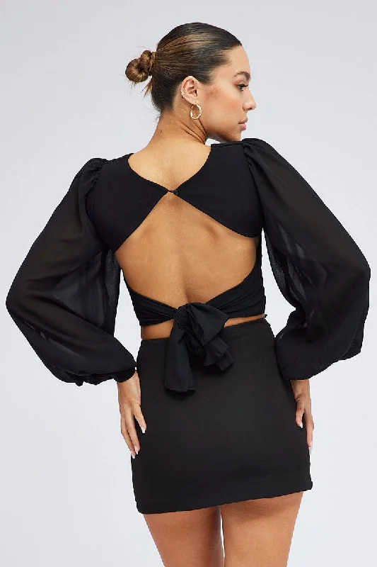 Black Crop Top Long Balloon Sleeve Backless Plunge Top