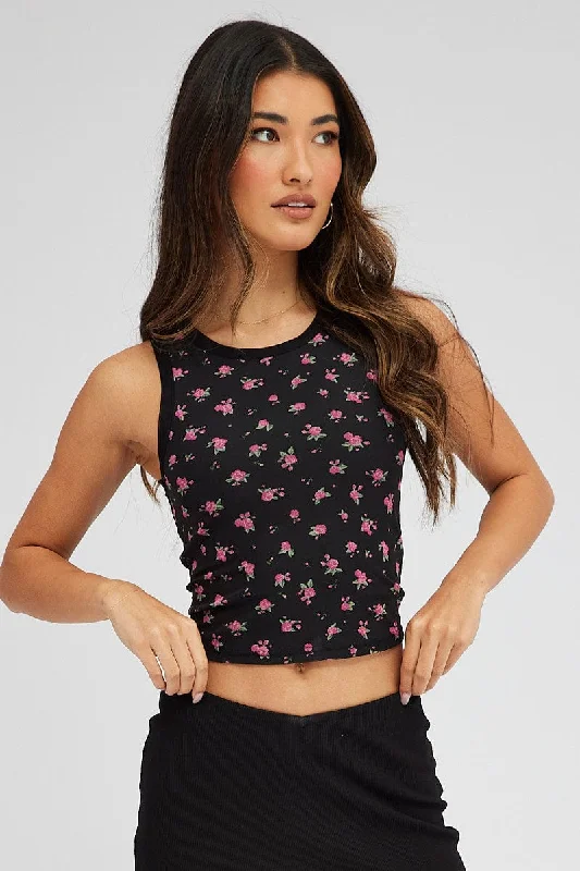 Black Floral Mesh Tank Sleeveless