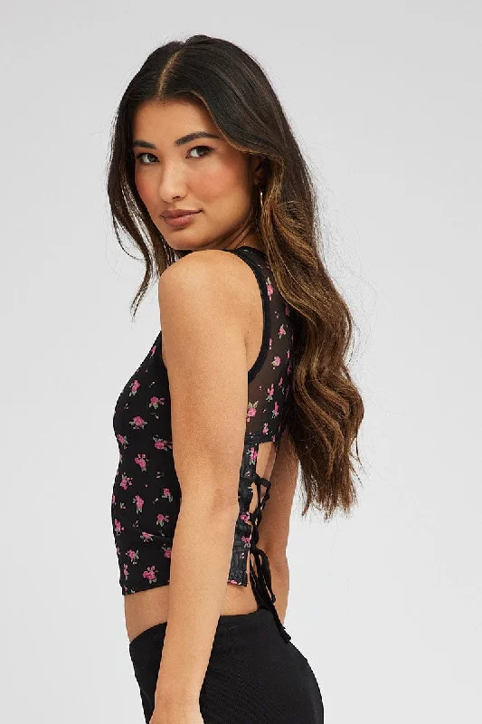 Black Floral Mesh Tank Sleeveless