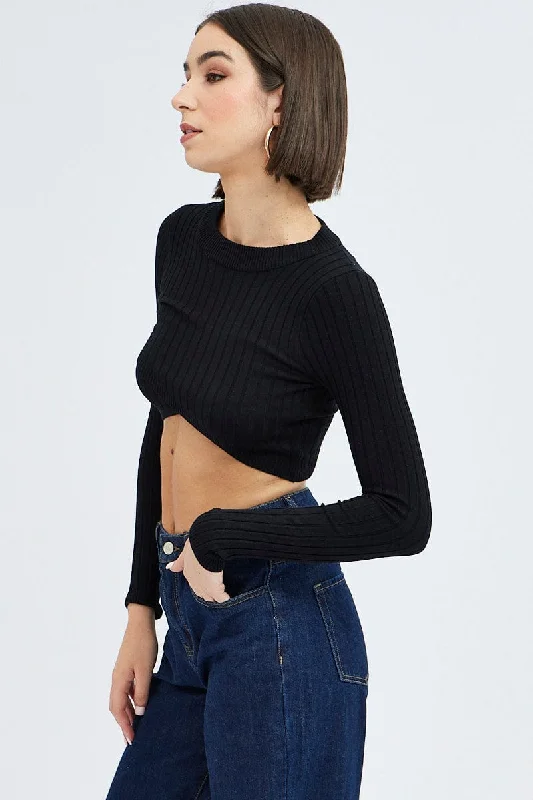 Black Knit Top Long Sleeve Crop