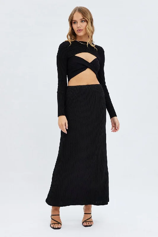 Black Knit Top Long Sleeve Twisted Front