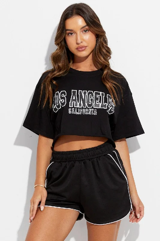 Black Los Angeles Crop Tee Short Sleeve Crew Neck