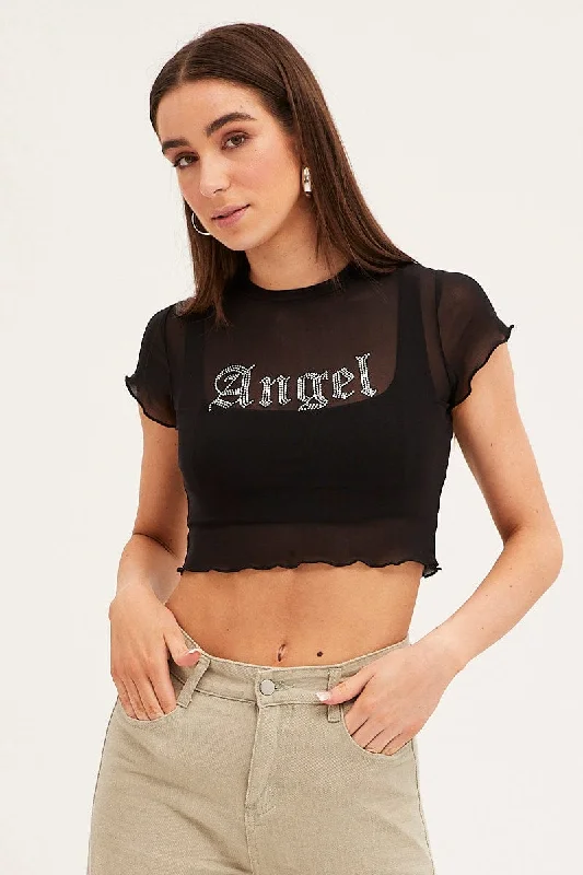 Black Mesh Baby Tee Angel Diamante