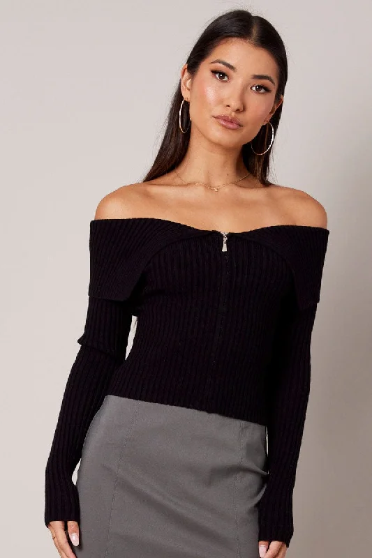 Black Off Shoulder Knit Top Long Sleeve