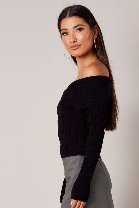 Black Off Shoulder Knit Top Long Sleeve