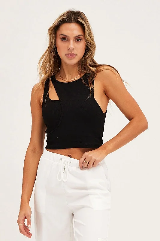 Black Rib Sleeveless Asymmetric Cut Out Tank Top