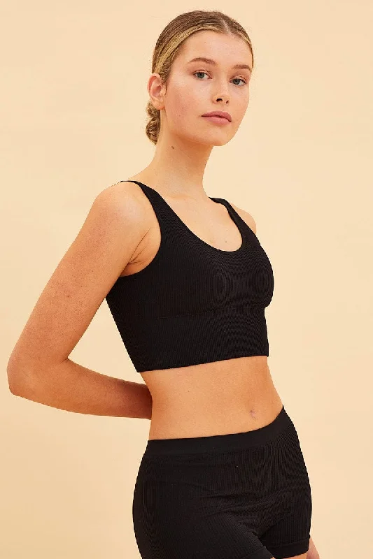 Black Seamless Tank Top Scoop Neck Rib Crop