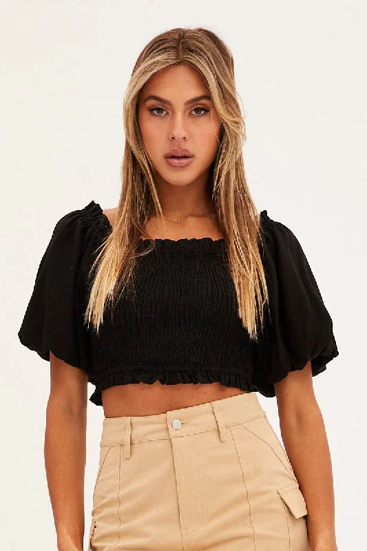 Black Shirred Top Volume Short Sleeve Crop Linen Blend