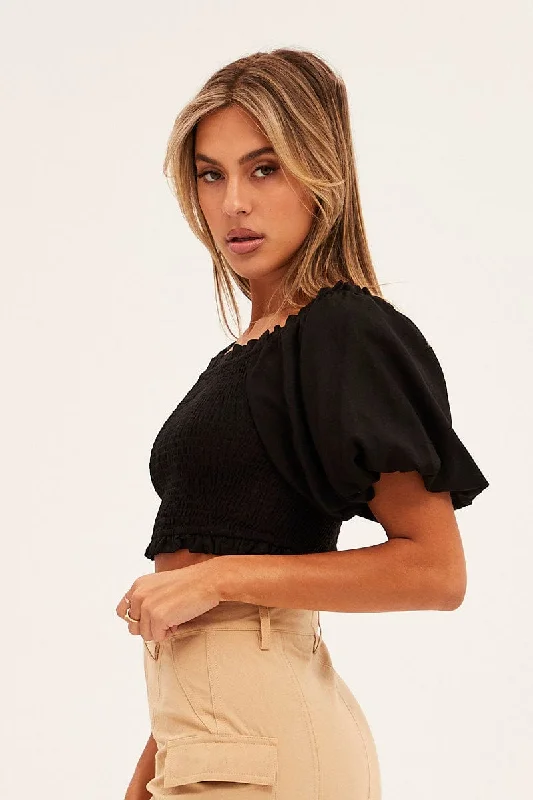 Black Shirred Top Volume Short Sleeve Crop Linen Blend