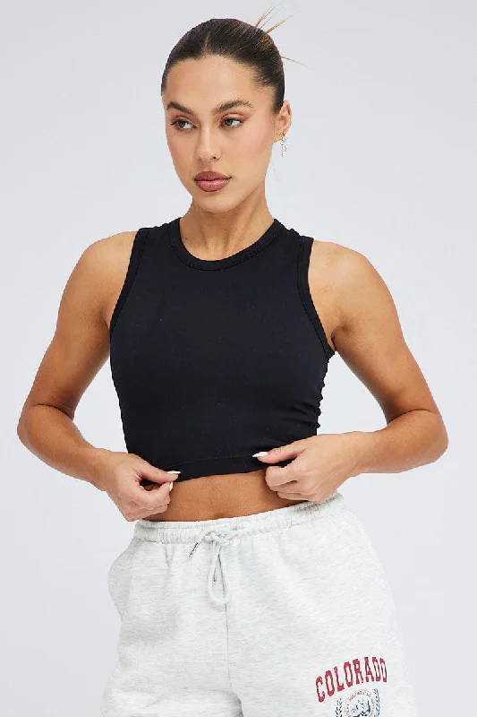 Black Tank Top Crew Neck Washed Seamless