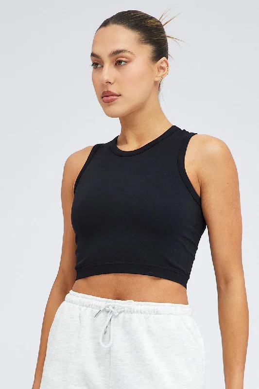 Black Tank Top Crew Neck Washed Seamless