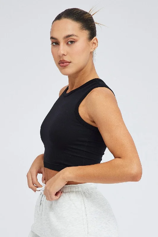 Black Tank Top Crew Neck Washed Seamless