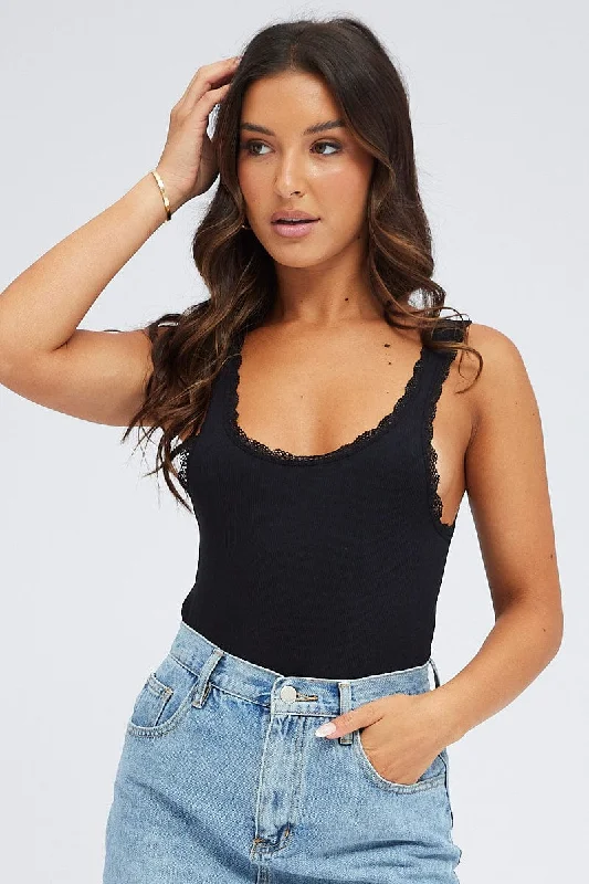 Black Tank Top Lace Trim Seamless