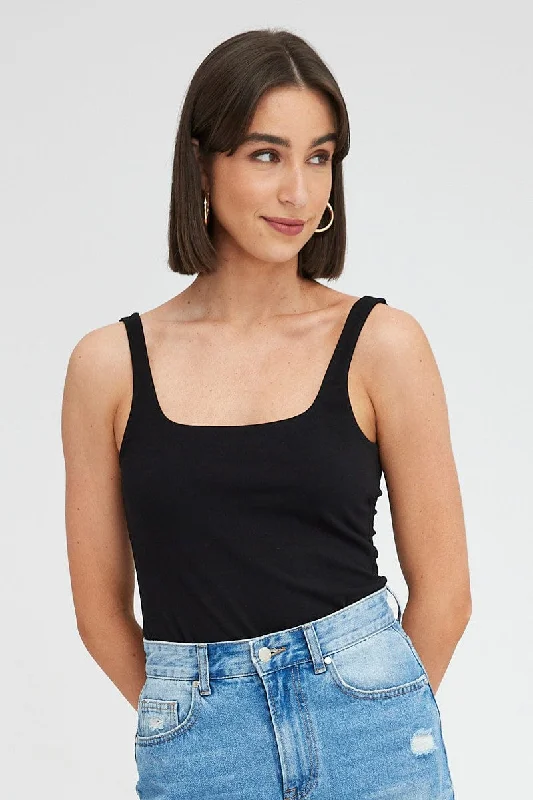 Black Tank Top Sleeveless Square Neck