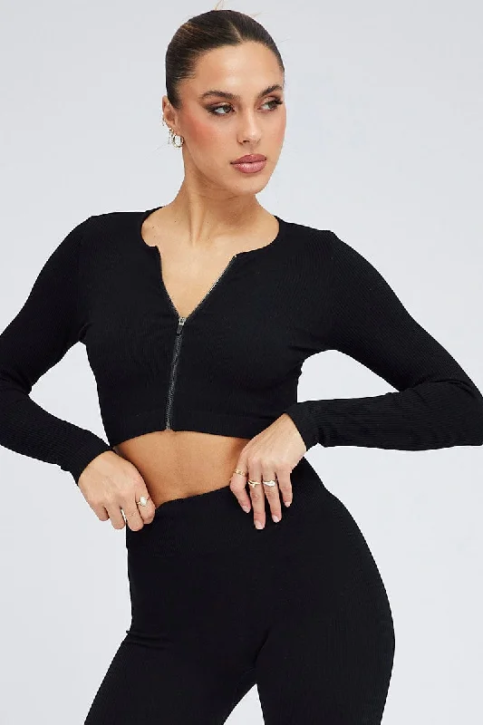 Black Zip Up Top Seamless Activewear