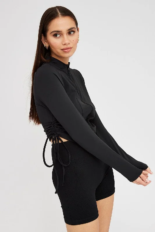 Black Zip Up Top Side Ruched