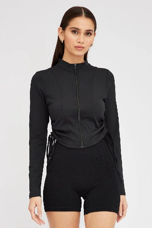 Black Zip Up Top Side Ruched