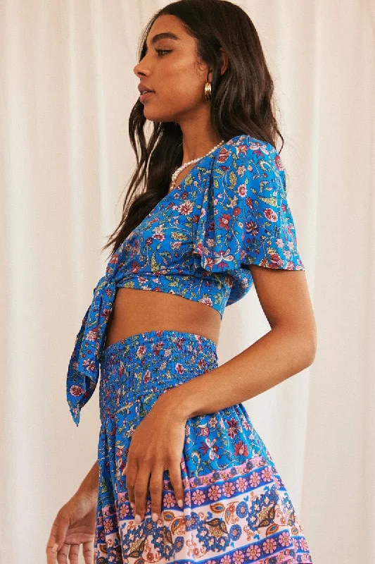 Blue Boho Crop Top Front Tie