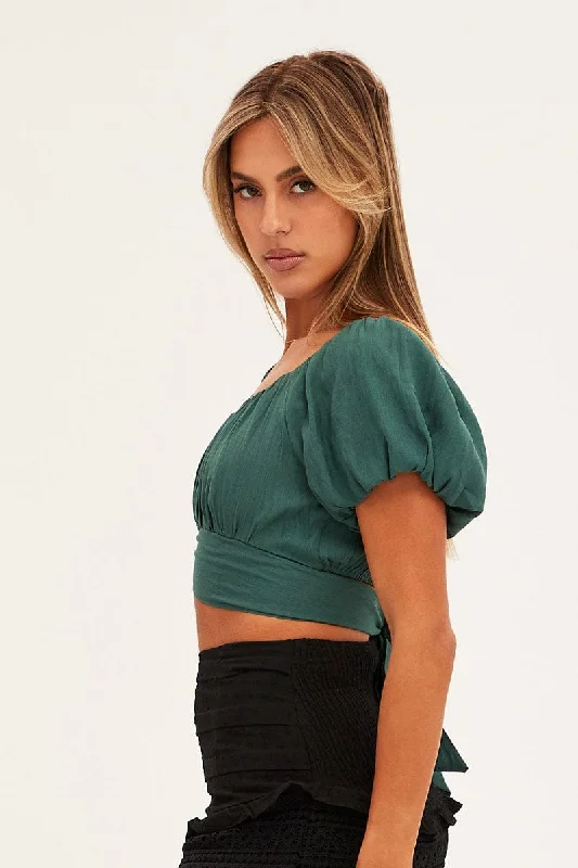 Teal Crop Top Short Sleeve Sweetheart Neckline Tie Back