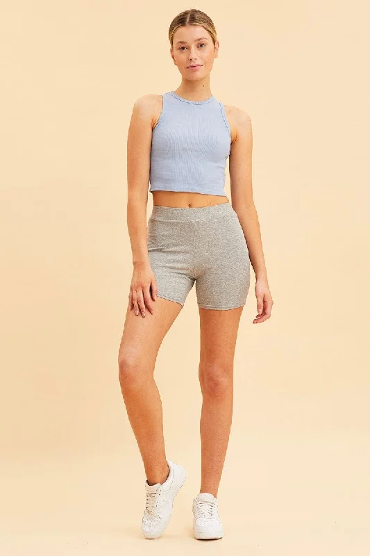 Blue Cropped Tank Cotton Blend Rib High Neck Racer Back