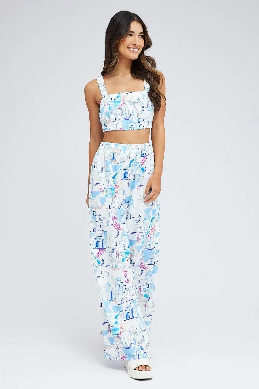 Blue Print Crop Top Sleeveless Cotton Ruched Strap Cami