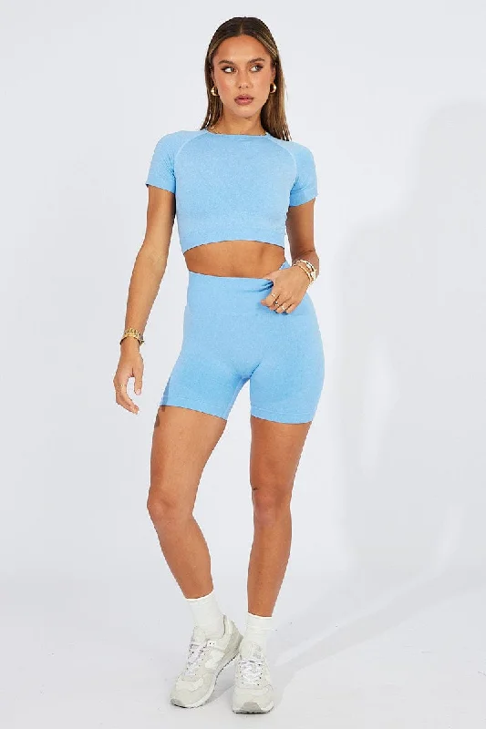 Blue Seamless Top And Shorts Activewear Set