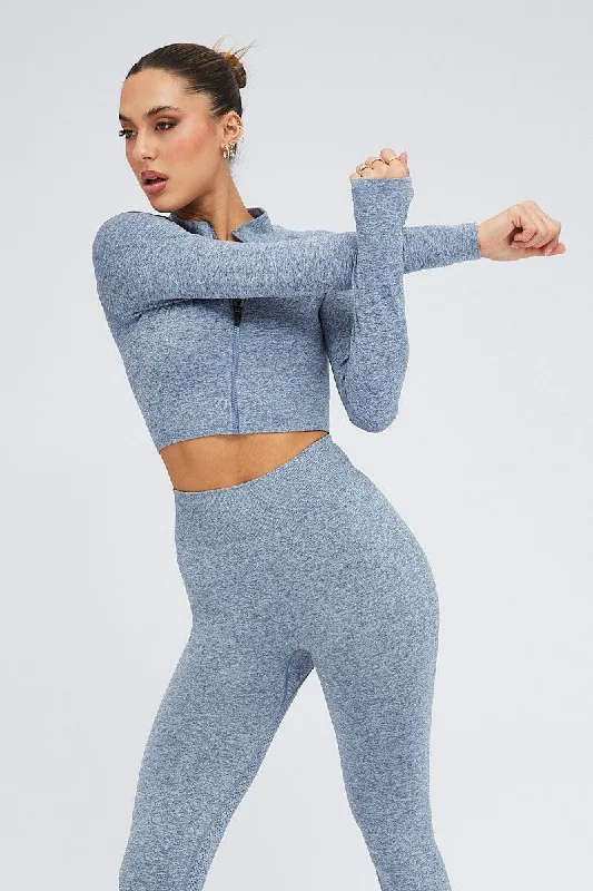 Blue Seamless Zip Up Top and Leggings Activewear Set