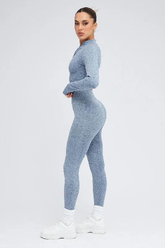 Blue Seamless Zip Up Top and Leggings Activewear Set