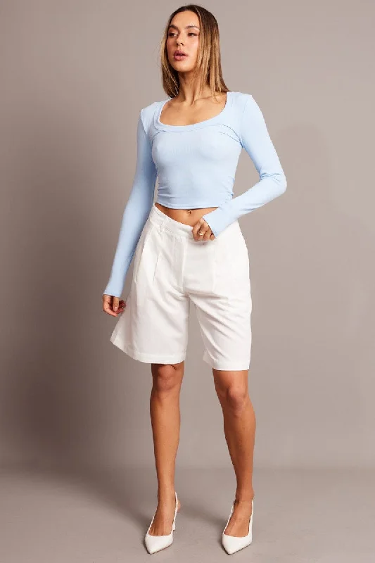 Blue T Shirt Long Sleeve Scoop Neck Rib Jersey