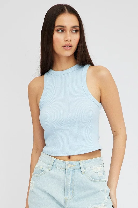 Blue Tank Top Sleeveless Crew Neck