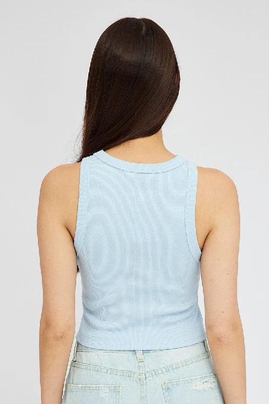 Blue Tank Top Sleeveless Crew Neck