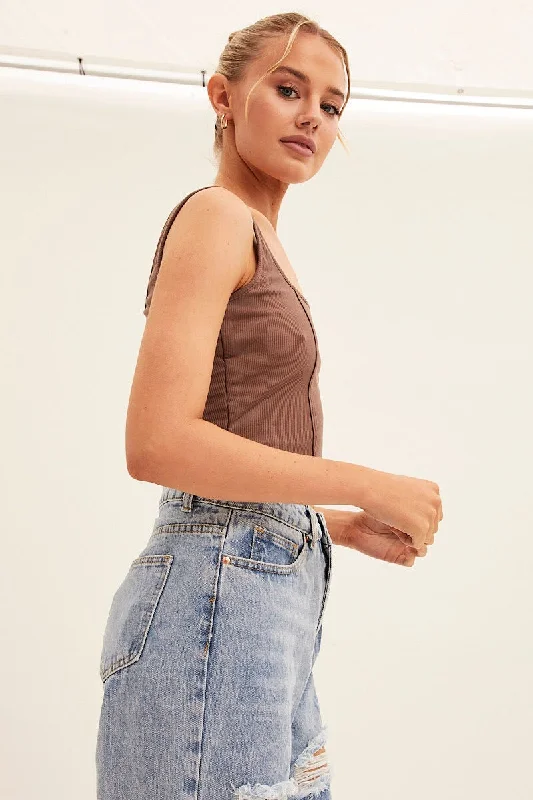 Brown Corset Crop Rib Curve Hem Tank