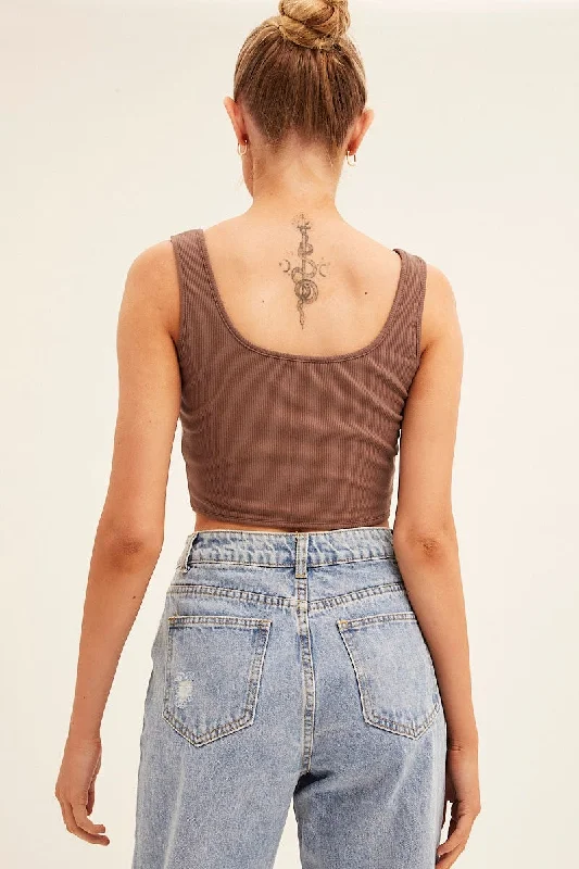 Brown Corset Crop Rib Curve Hem Tank