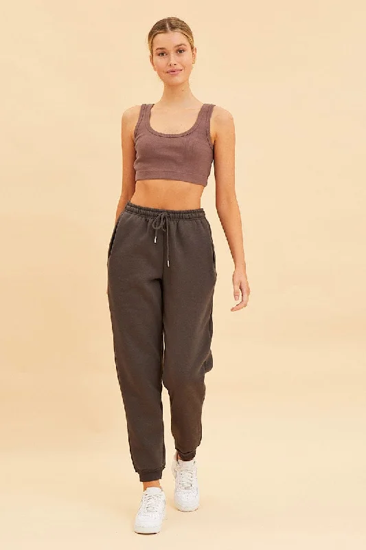 Brown Crop Top Cotton Blend Rib Tank Elasticated Hem