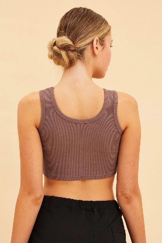 Brown Cropped Tank Cotton Blend Rib Racer Back