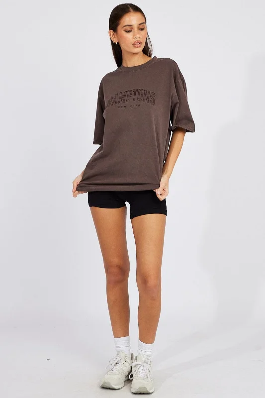 Brown Graphic Tee Short Sleeve Jersey Embroidered