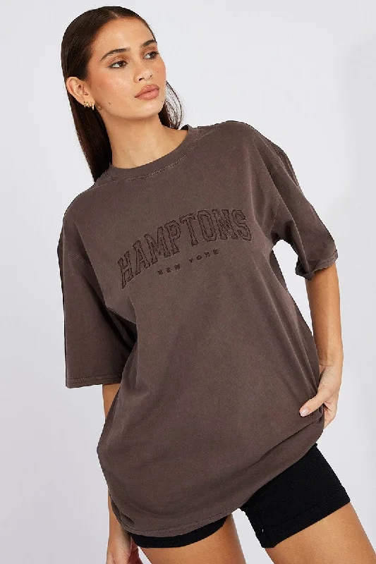 Brown Graphic Tee Short Sleeve Jersey Embroidered