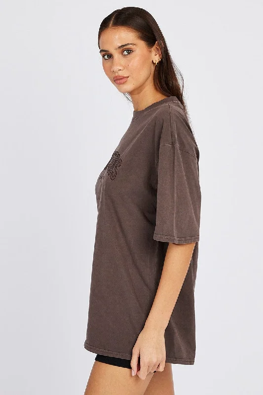 Brown Graphic Tee Short Sleeve Jersey Embroidered