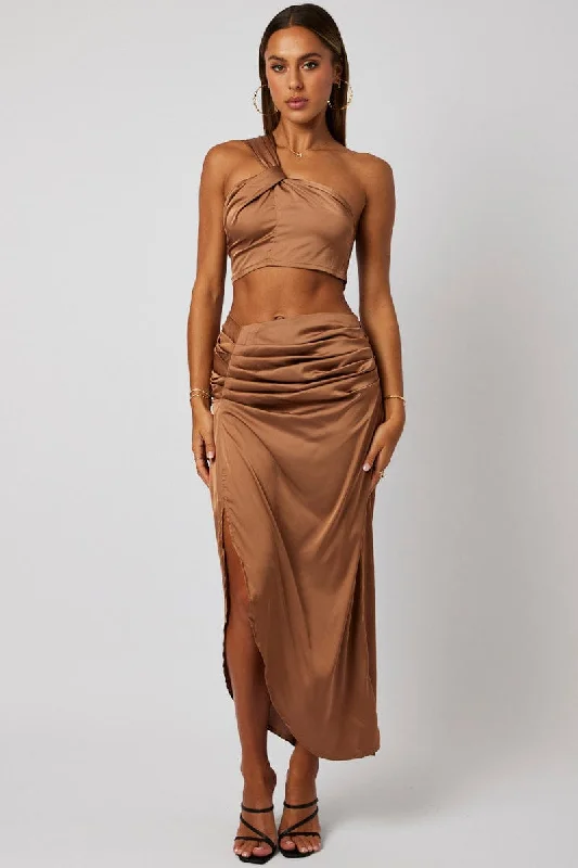 Brown One Shoulder Crop Top Twist Satin