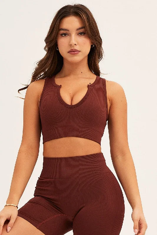 Brown Seamless Activewear V Neck Singlet Top