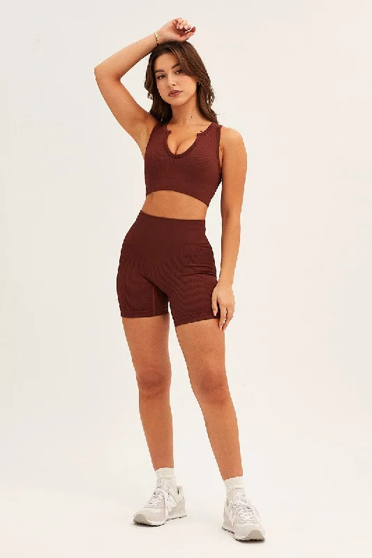 Brown Seamless Activewear V Neck Singlet Top