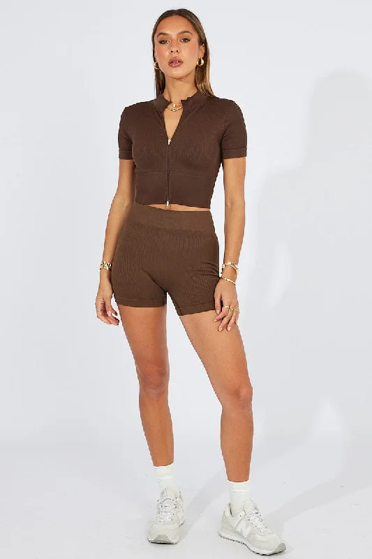 Brown Seamless Zip Top And Bike Shorts Activewear Set